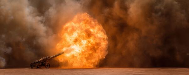  cannon fires, creating a large explosion and billowing clouds of smoke, capturing a dramatic moment in a powerful display of pyrotechnics.