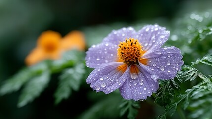 Close up of a dew covered purple flower with an orange center against a blurred background