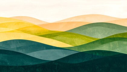 Obraz premium Abstract hills undulate across the landscape with shades of yellow, green, and blue creating a serene and calming atmosphere.
