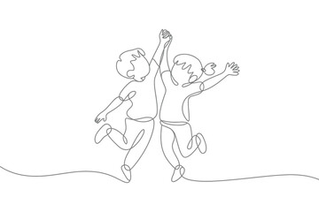 Joyful children jumping together in a continuous line drawing
