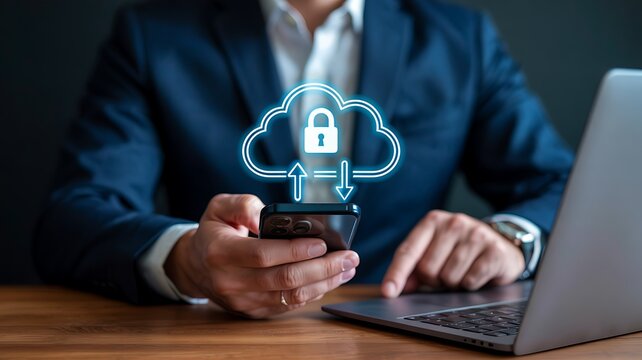 Businessman uses smartphone and laptop with glowing secure cloud computing icon symbolizing data protection and digital security