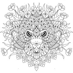 Animal illustration coloring book, flower pattern, traditional ornament, black and white wildlife cartoon outline hand drawing.