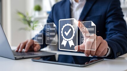 Professional businessman reviewing digital quality assurance certificates and documents on a tablet with a laptop in office setting