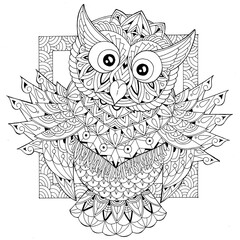 Animal illustration coloring book, flower pattern, traditional ornament, black and white wildlife cartoon outline hand drawing.