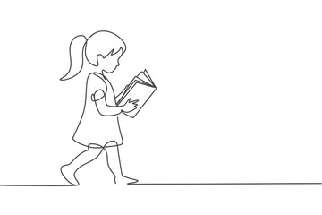 Girl reading a book while walking in a single line drawing style