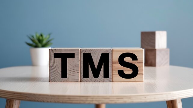 Wooden blocks spelling tms on a table with a plant and blurred background representing therapy or treatment
