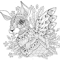 Animal illustration coloring book, flower pattern, traditional ornament, black and white wildlife cartoon outline hand drawing.