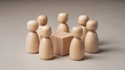A group of wooden peg dolls gathered around a central cube symbolizing community discussion and teamwork in a simple abstract composition