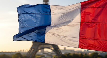French Flag Waving in Wind with Eiffel Tower Silhouette in Background