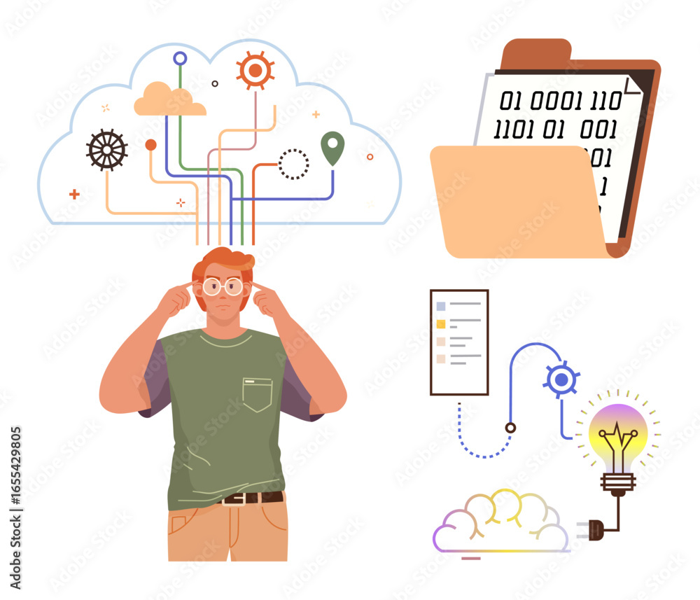 Poster man pondering beneath a cloud with vibrant lines representing connections. binary code in a folder, 