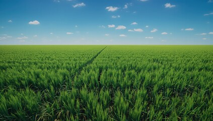 A vast green field under a blue sky with scattered clouds stretching to the horizon on a sunny day