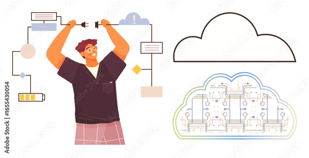 Poster man linking cables symbolizing technology integration and cloud connectivity, with flowchart and clo