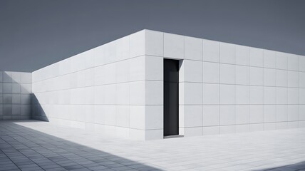 Fototapeta premium Minimalist modern architecture with stark white facade and dark entrance door against a cloudy sky