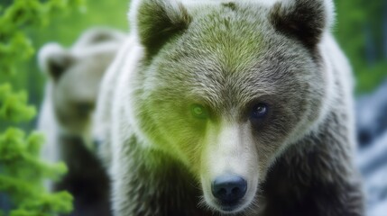 Fototapeta premium Close up portrait of a large grizzly bear with another bear blurred in the background amidst lush green foliage