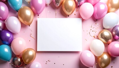 Festive Balloons Frame Blank White Sign on Pink Background with Birthday Party Concept.