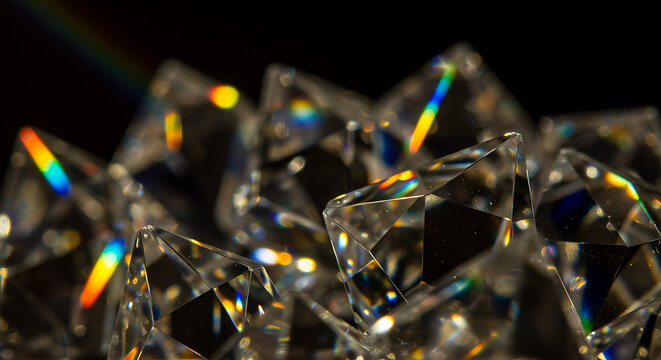 Dazzling Faceted Crystals with Rainbow Light Reflections on Dark Background