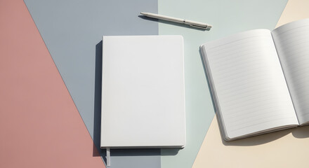 Minimalist workspace with notebooks and pen on pastel background