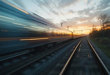 Fast moving train captured with motion blur on railway tracks during sunset