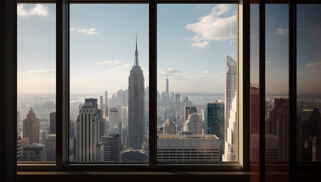 Fototapeta A stunning view of the New York City skyline seen through a window.