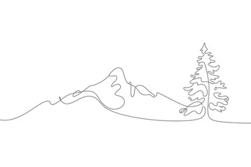 Minimalist single line drawing of a mountain and a pine tree