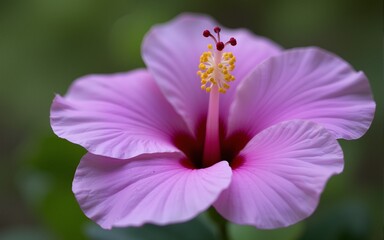 Obraz premium Close-Up of Purple Hibiscus Flower with Yellow Stamen and Blurred Background. High quality