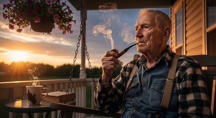 Elderly Man Wearing Plaid Shirt Smoking Pipe Sitting on Porch at Sunset