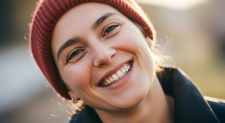 Close up portrait of a smiling woman wearing a red beanie and a dark coat in natural light outdoors