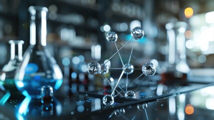 Image of chemical compounds and scientific formulas over atom model in laboratory. science research and medicine concept digitally generated image.