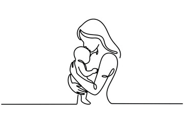 Elegant single line drawing of mother holding baby
