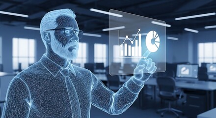 Bearded man engaging with digital data visualization in a contemporary office environment