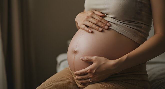 A pregnant woman holding her belly with her hands in a soft neutral toned indoor setting with natural light