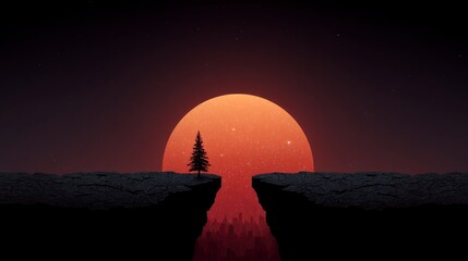 Obraz premium A lone pine tree stands on a cliff edge before a large starry orange sun over a silhouetted cityscape