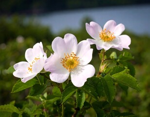 Fototapeta premium Three delicate pale pink flowers, close-up
