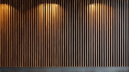 Warm wooden interior design with vertical slats and soft lighting in modern space.