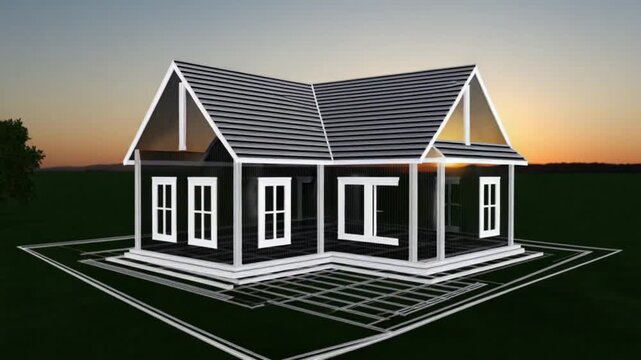 A stylized black house model, outlined in white, sits atop a white-lined foundation plan against a dark background.  The image suggests architectural design or a blueprint