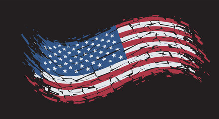American flag waving with grunge texture against a dark backdrop, symbolizing patriotism and resilience in a distressed style, evoking a sense of strength and history.