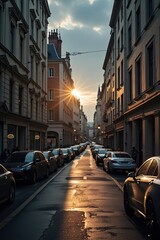 City street at sunset with parked cars.