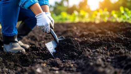 Gardener Digs in Rich Soil with Planting Seeds  Growing Crops, and Summer Garden.