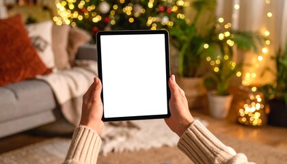 Tablet held by hands in cozy Christmas living room