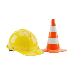 Yellow hard hat and traffic cone isolated on transparent background, safety gear
