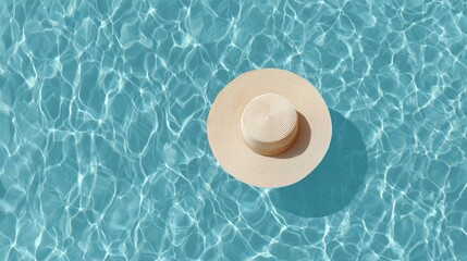 Straw hat resting on the surface of a sparkling blue pool on a sunny summer day.