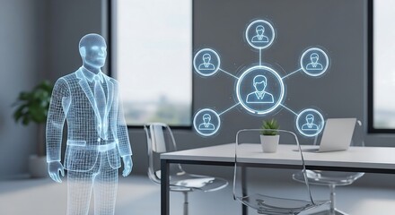 Holographic representation of a business network with people icons in a modern office