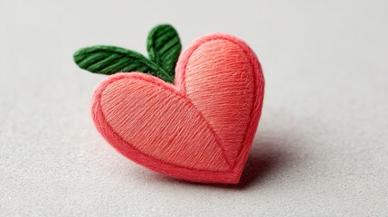 Fototapeta premium Pink embroidered heart with green leaves on a textured gray surface love