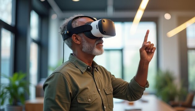 Elderly man exploring virtual reality with a VR headset