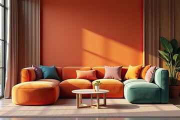 Vibrant living room with colorful sectional sofa and warm lighting.