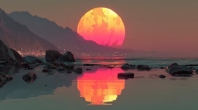 A vibrant orange and pink sunset reflects on calm water with rocky shores and distant mountains