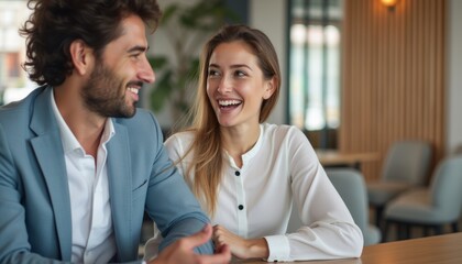 Joyful couple sharing a moment in a cozy cafe