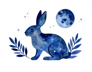 Watercolor rabbit with moon and stars