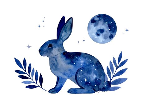 Watercolor rabbit with moon and stars