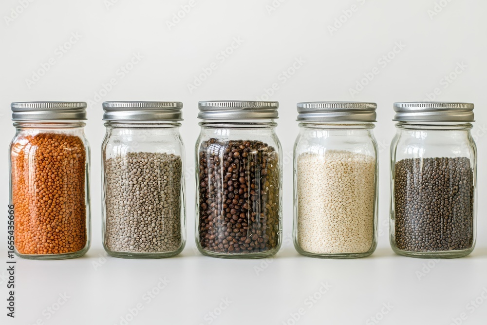 Poster Assorted jars filled with colorful grains and seeds arranged neatly on a white background